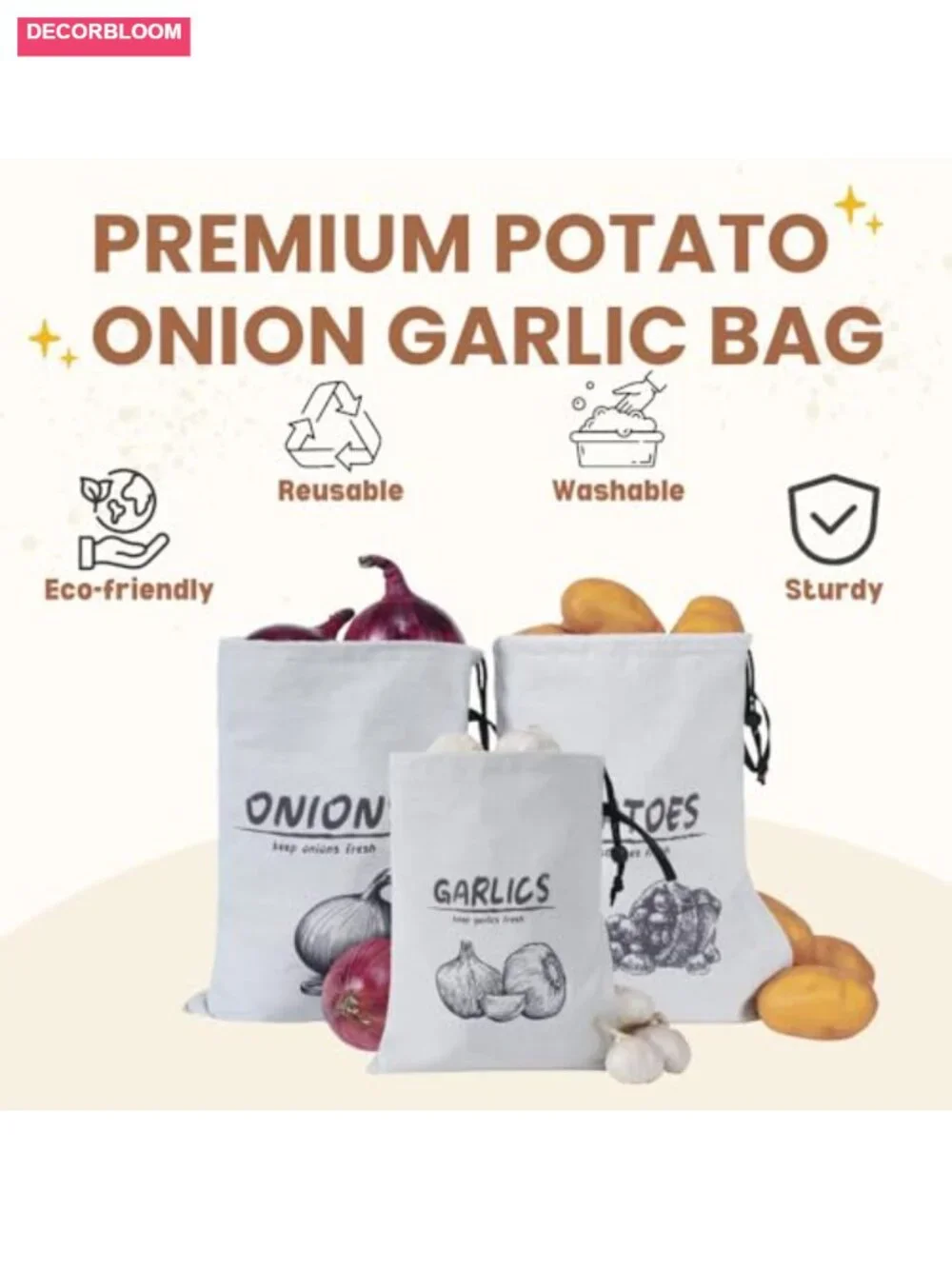 3 Pack Reusable Cotton Produce Storage Bags with Drawstring